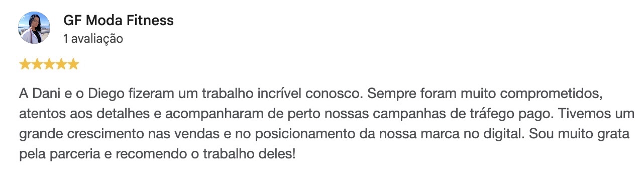 Avaliação de cinco estrelas da GF Moda Fitness