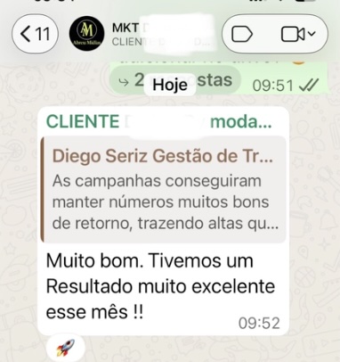 Cliente relata resultado excelente no mês